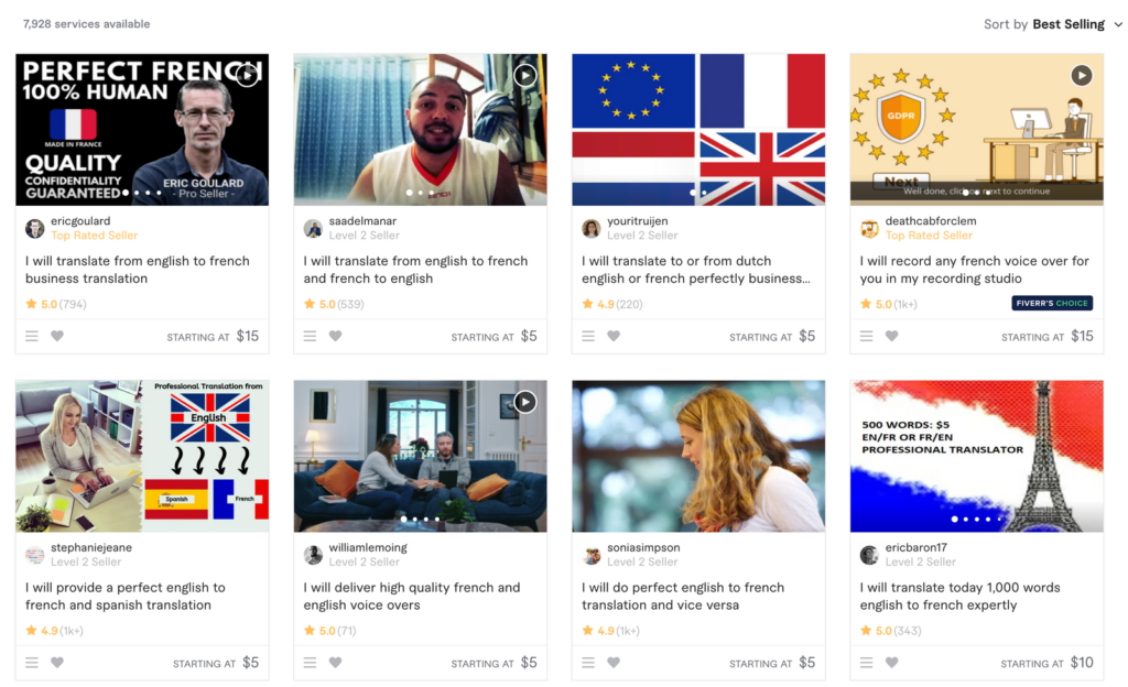 best selling gigs in French on Fiverr