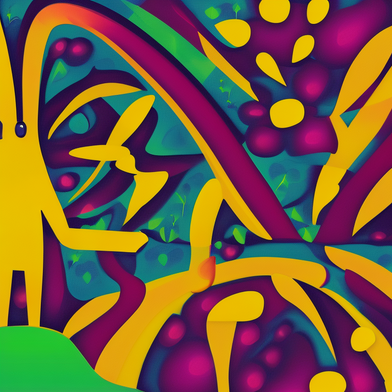 Create a marketing image that symbolizes the journey to a healthy lifestyle through the use of vibrant colors abstract shapes and a whimsical character in a vibrant yellow meadow