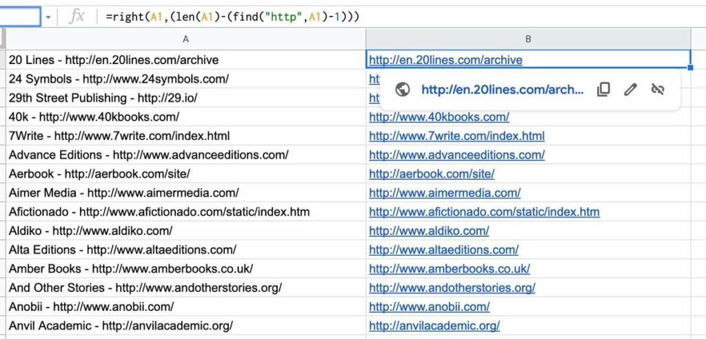 clean URLS on Google Sheet xl