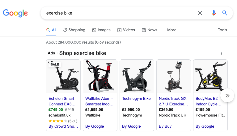 google search for exercise bikes