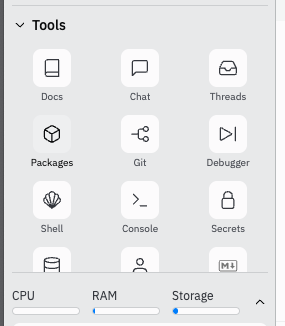 Replit Tools, incl. a package manager (Packages)